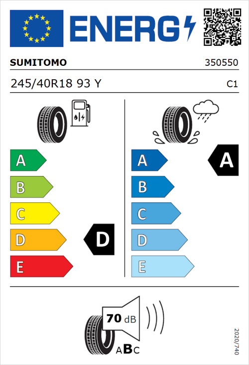 Tyre Label for Sumitomo HTR Z5 245/40R18 93Y