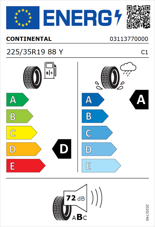 Tyre Label for Continental SportContact 7 225/35R19 88Y