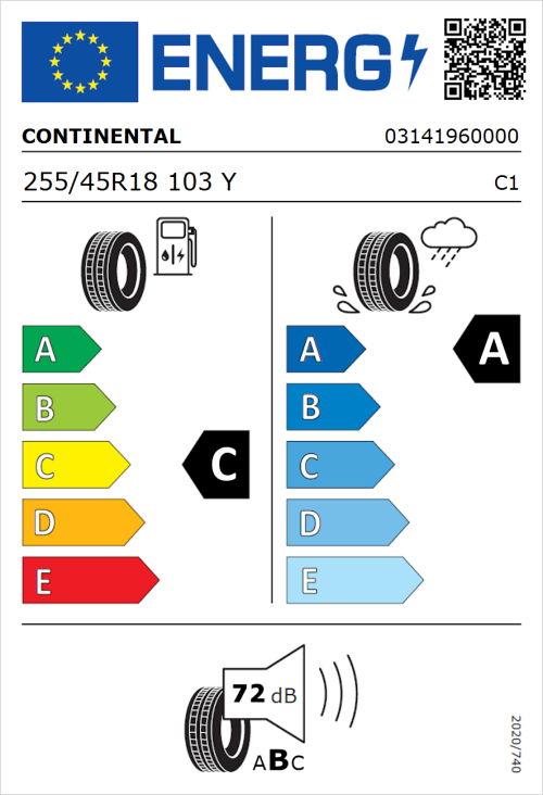 Tyre Label for Continental Premium Contact 7 255/45R18 103Y