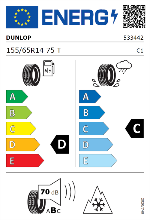 Tyre Label for Dunlop SP WinterResponse 2 155/65R14 75T