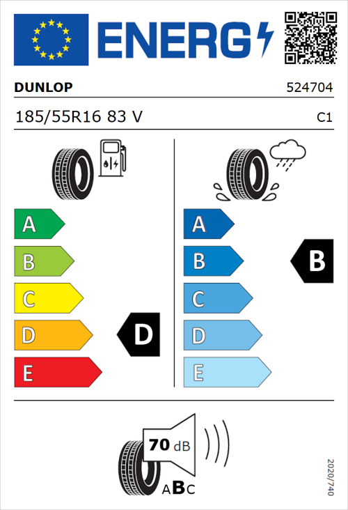 Tyre Label for Dunlop SP Sport FastResponse 185/55R16 83V
