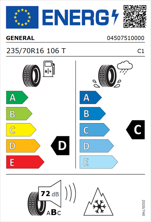 Tyre Label for General Snow Grabber Plus 235/70R16 106T