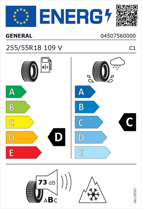 Tyre Label for General Snow Grabber Plus 255/55R18 109V